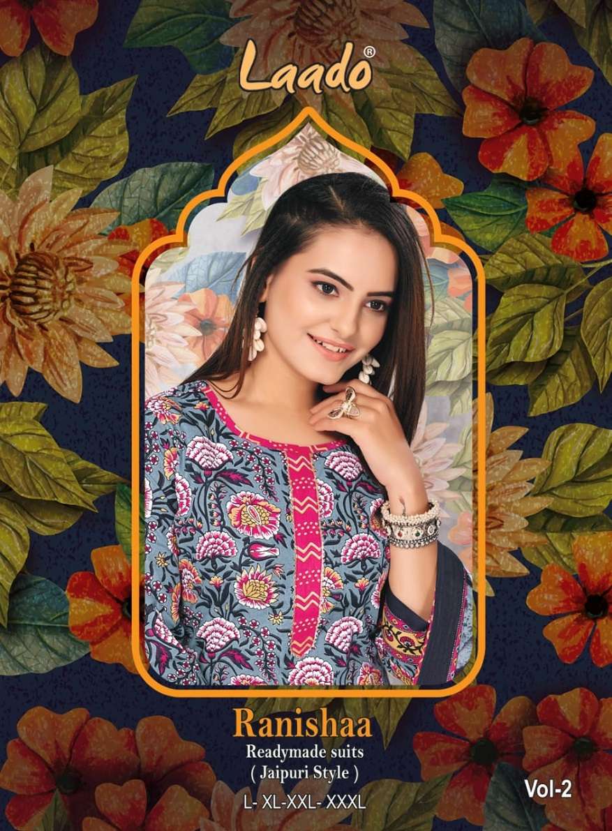 RANISHAA VOL 2 COTTON PRINTED KURTI WITH PANT AND DUPATTA BY LAADO BRANDWHOLESALER AND DEALER