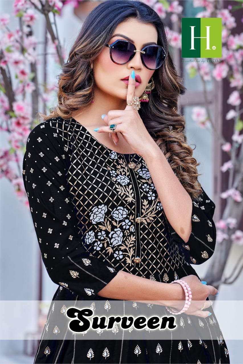 SURVEEN HEAVY RAYON FOIL PRINTS LONG STYLISH GOWN BY H DOT BRAND WHOLESALER AND DEALER 