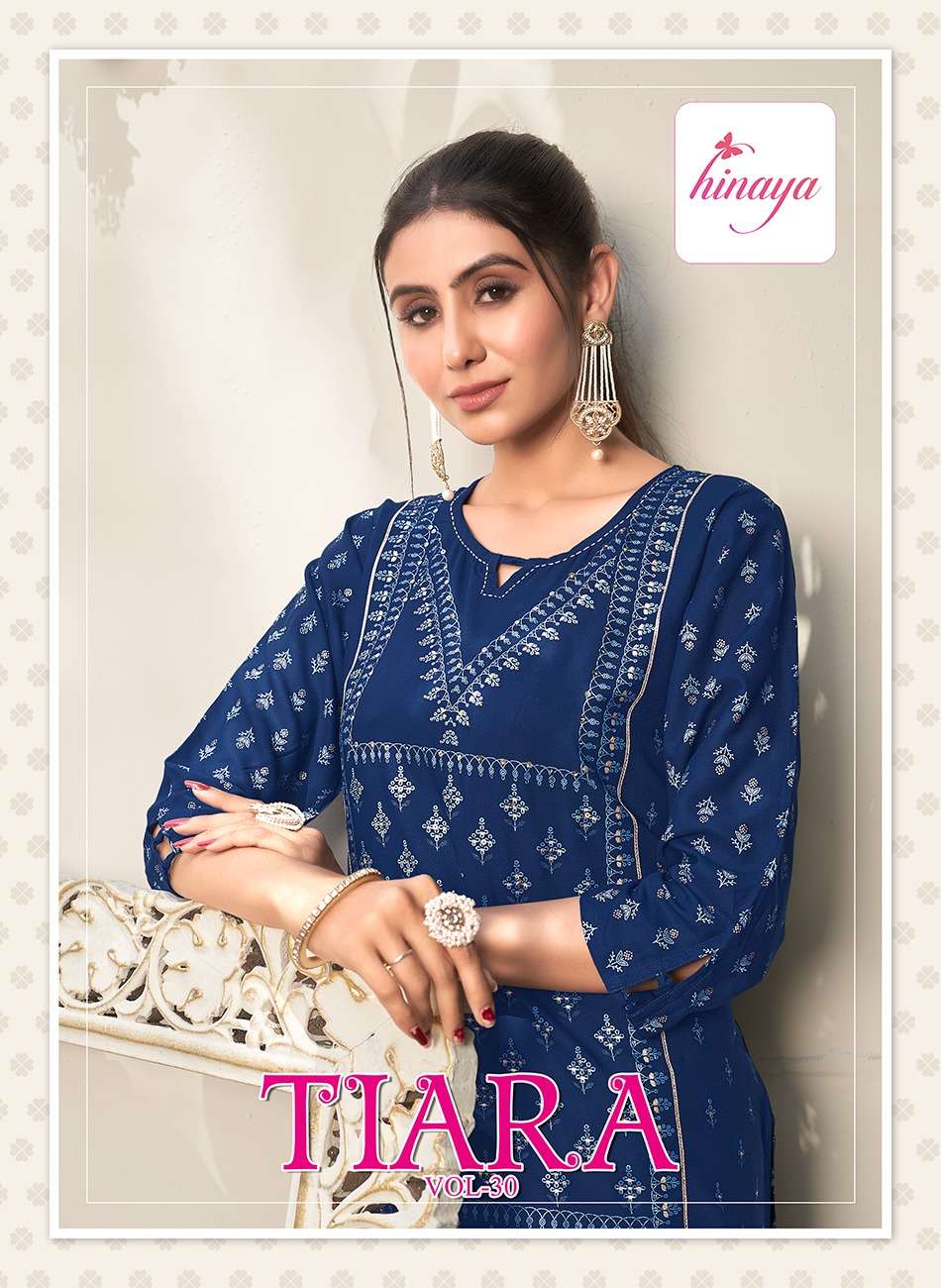 TIARA VOL 30 RAYON SLUB FRONT AND BACK PRINTED WITH HANDWORK KURTI BY HINAYA BRAND WHOLESALER AND DE...