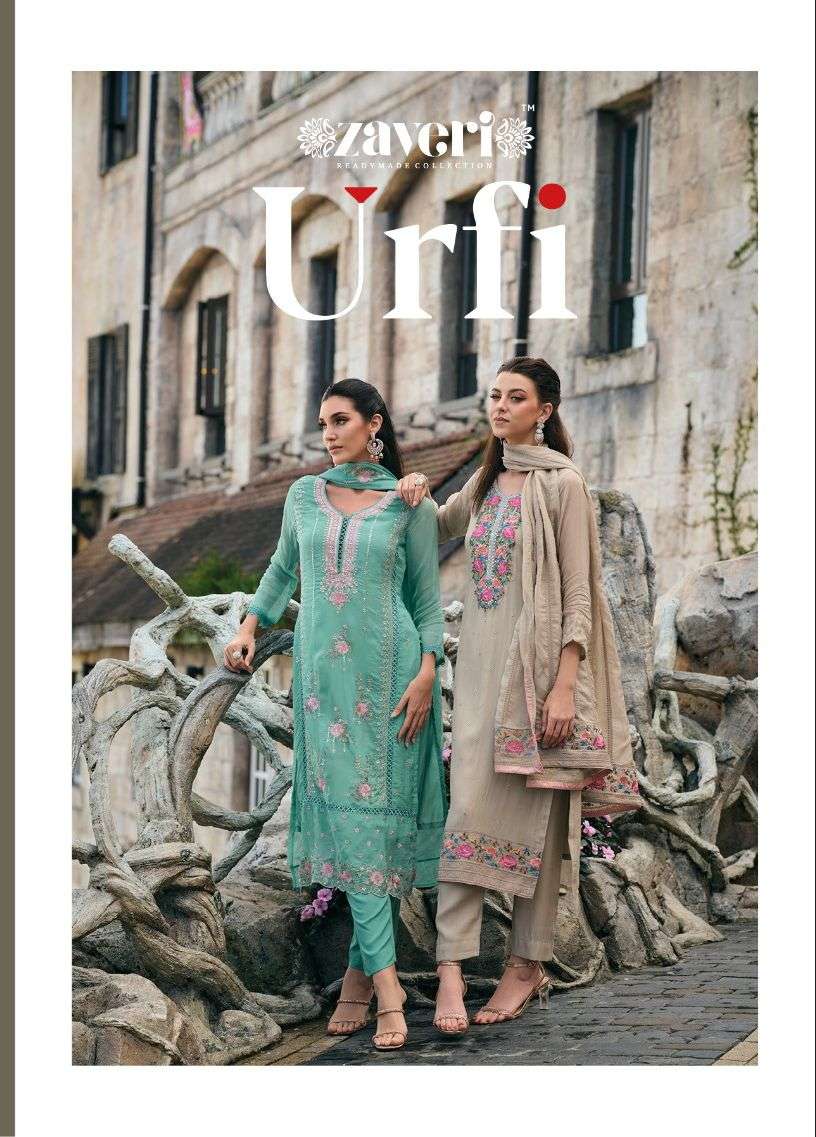 URFI SOFT ORGANZA EMBROIDERY KHATALI WORK KURTI WITH SILK PANT AND ORGANZA DUPATTA BY ZAVERI BRAND W...