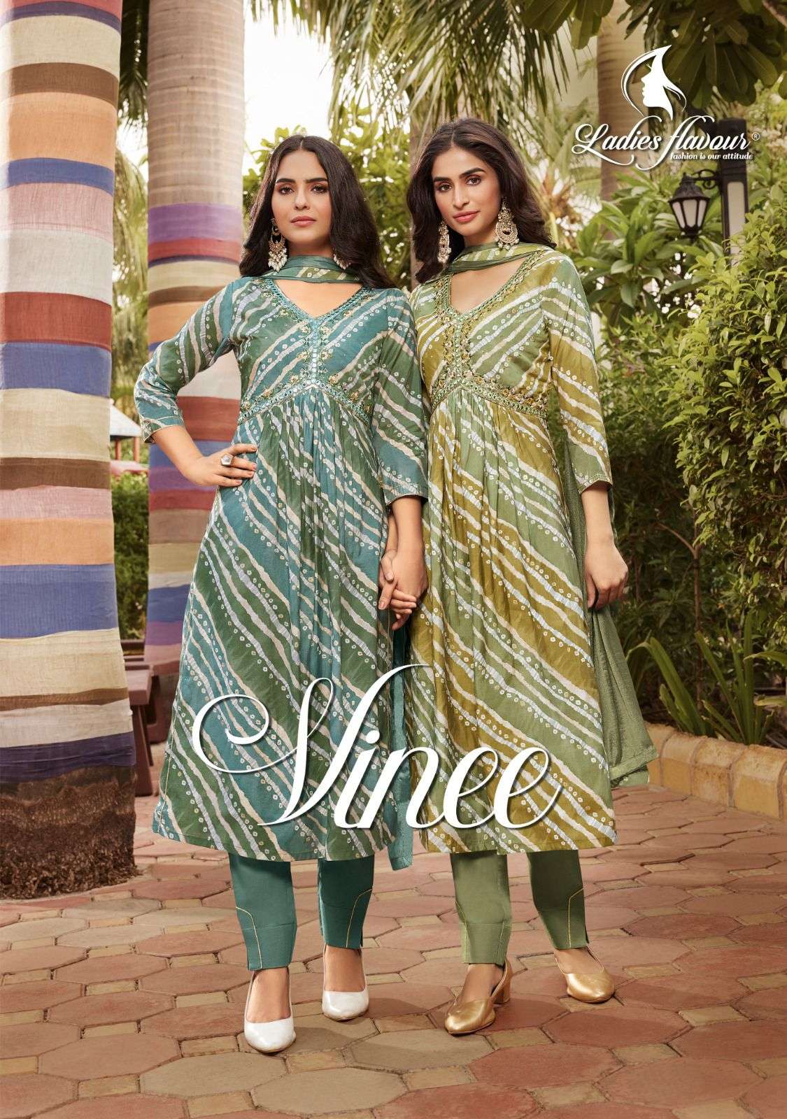 VINEE MODAL CHANDERI PRINT EMBROIDERY MIRROR WORK ALIYA CUT KURTI WITH SATIN  PANT AND CHINON CHIFFO...