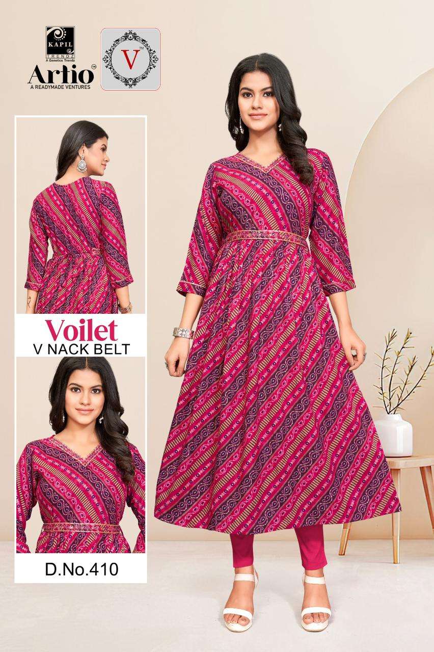 VOILET HEAVY RAYON PRINT FOIL V NACK GHERA KURTI WITH BELT BY ARTIO BRAND WHOLESALER AND DEALER