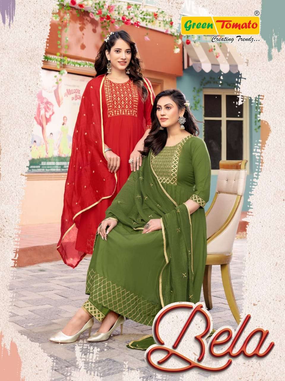 BELA RAYON HAND BLOCK PRINT NAYRA CUT KURTI WITH PANT AND CHANDERI COTTON DUPATTA BY GREEN TOMATO BR...