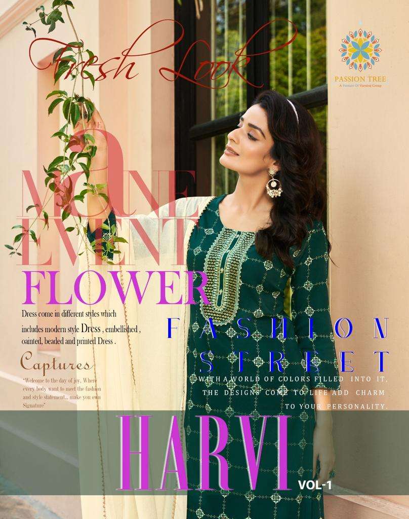HARVI VOL 1 RAYON CLASSY GOLD PRINT FANCY EMBROIDERY WORK KURTI WITH PANT AND CHINON DUPATTA BY PASS...