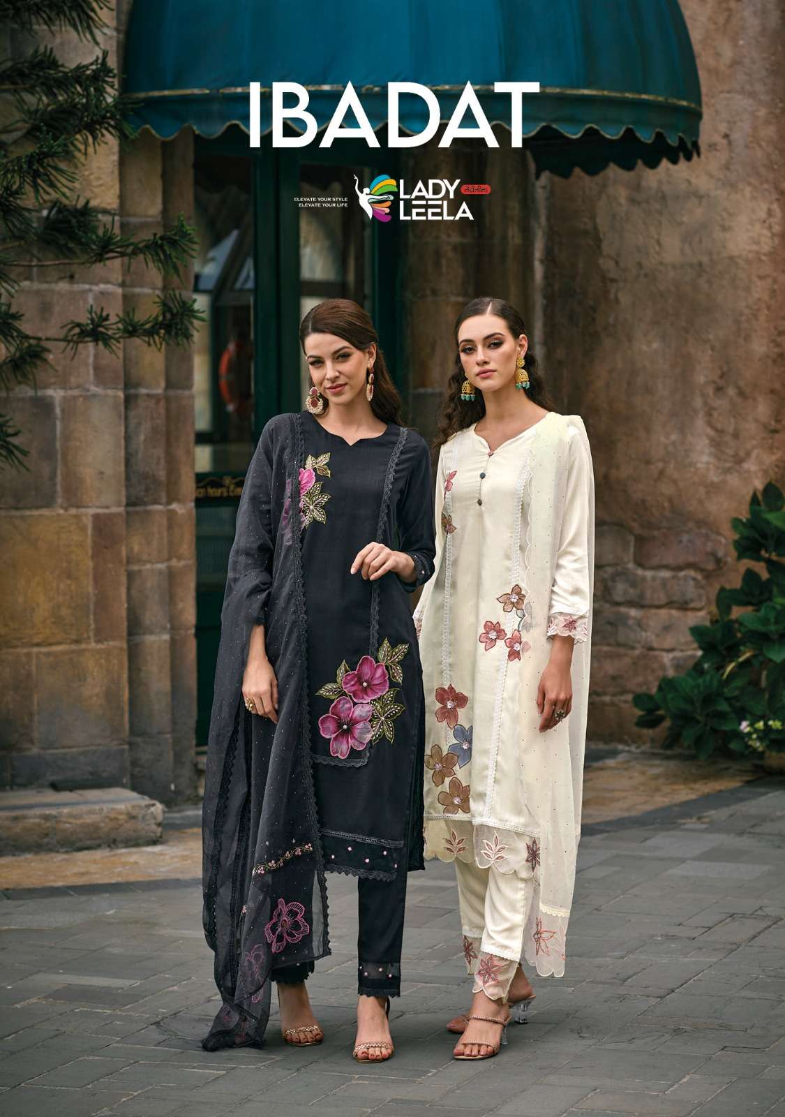 IBADAT VISCOSE ORGANZA HANDWORK KURTI WITH PANT AND ORGANZA EMBRIODARY WORK DUPATTA BY LADY LEELA BR...