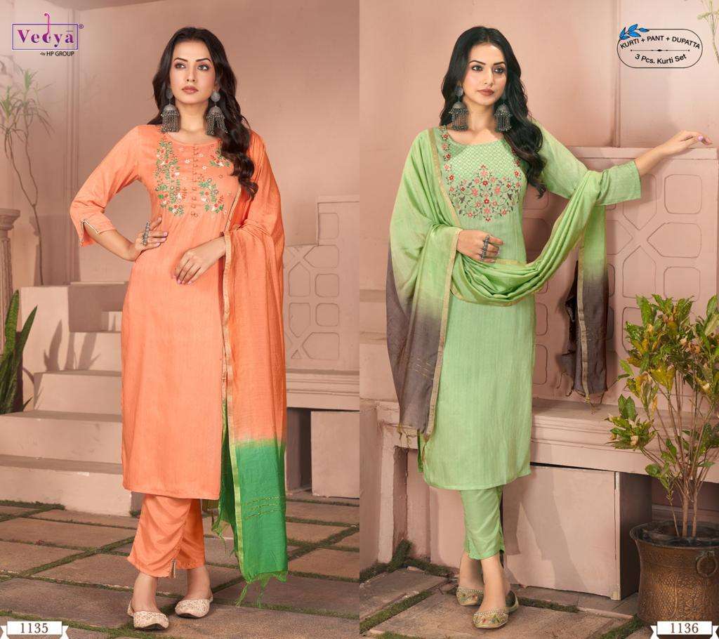 KALARANG CHINON SILK EMBROIDERY WORK KURTI WITH DULL SANTOON PANT AND VISCOSE DUPATTA BY VEDYA BRAND...