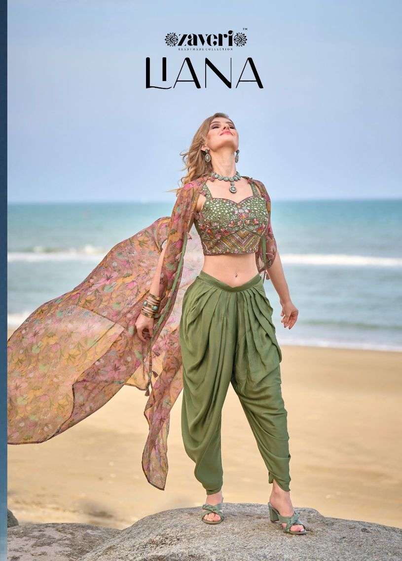 LIANA HEAVY SATIN SILK WITH EMBROIDERY WORK CHOLI WITH DHOTI AND ORGANZA DIGITAL PRINT JACKET BY ZAV...