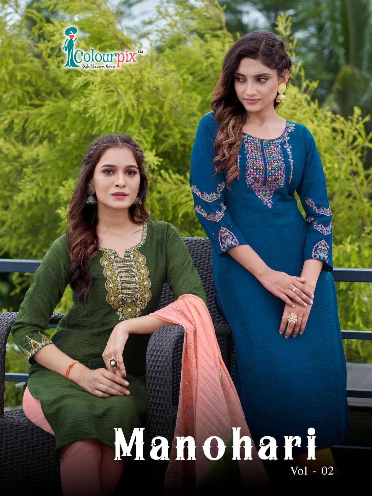 MANOHARI VOL 2 NAILONE VISCOSE EMBRIDERY WORK KURTI WITH REYON SLUB LYCRA PANT AND CHANDERI SEQUENCE...