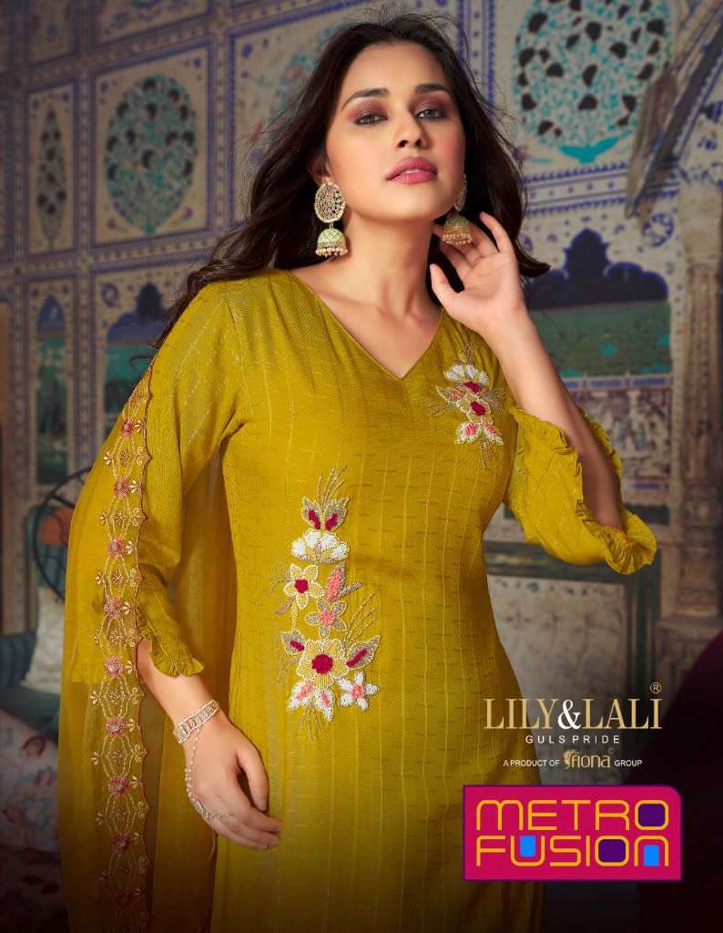 METRO FUSION VISCOS HANDWORK WITH PANT AND ORGANZA CUTWORK DUPATTA WITH TUSSEL BY LILY LALI BRAND WH...
