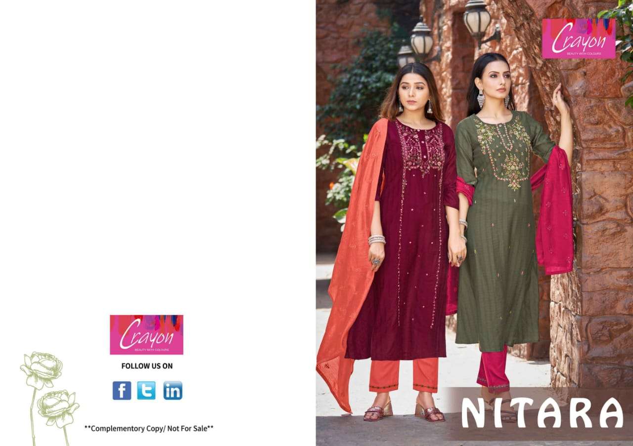 NITARA CRYON HEAVY VISCOSE HANDWORK KURTI WITH LYCRA PANT AND CHANDERI SILK WORK DUPATTA BY KALAROOP...