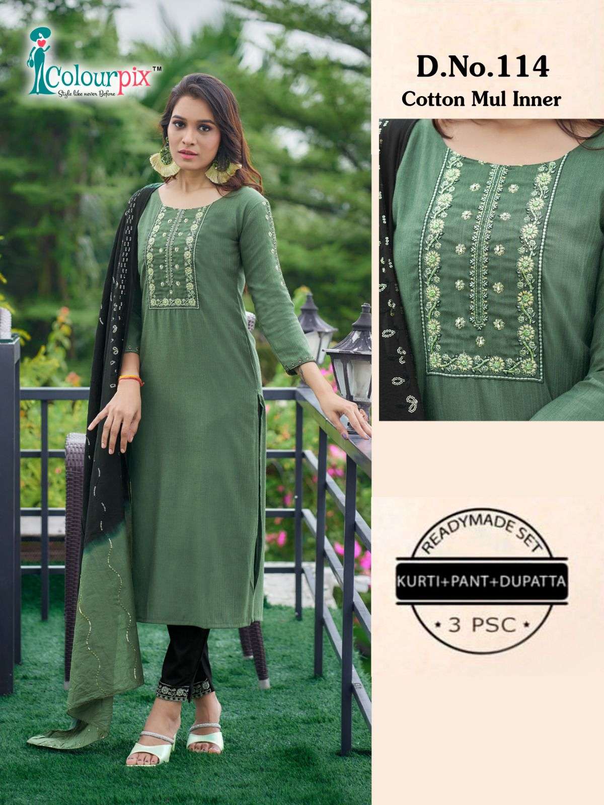 PICK N CHOOSE VISCOSE BASE EMBROIDERY AND HAND WORK KURTI WITH REYON SLUB LYCRA PANT AND CHANDERI SE...