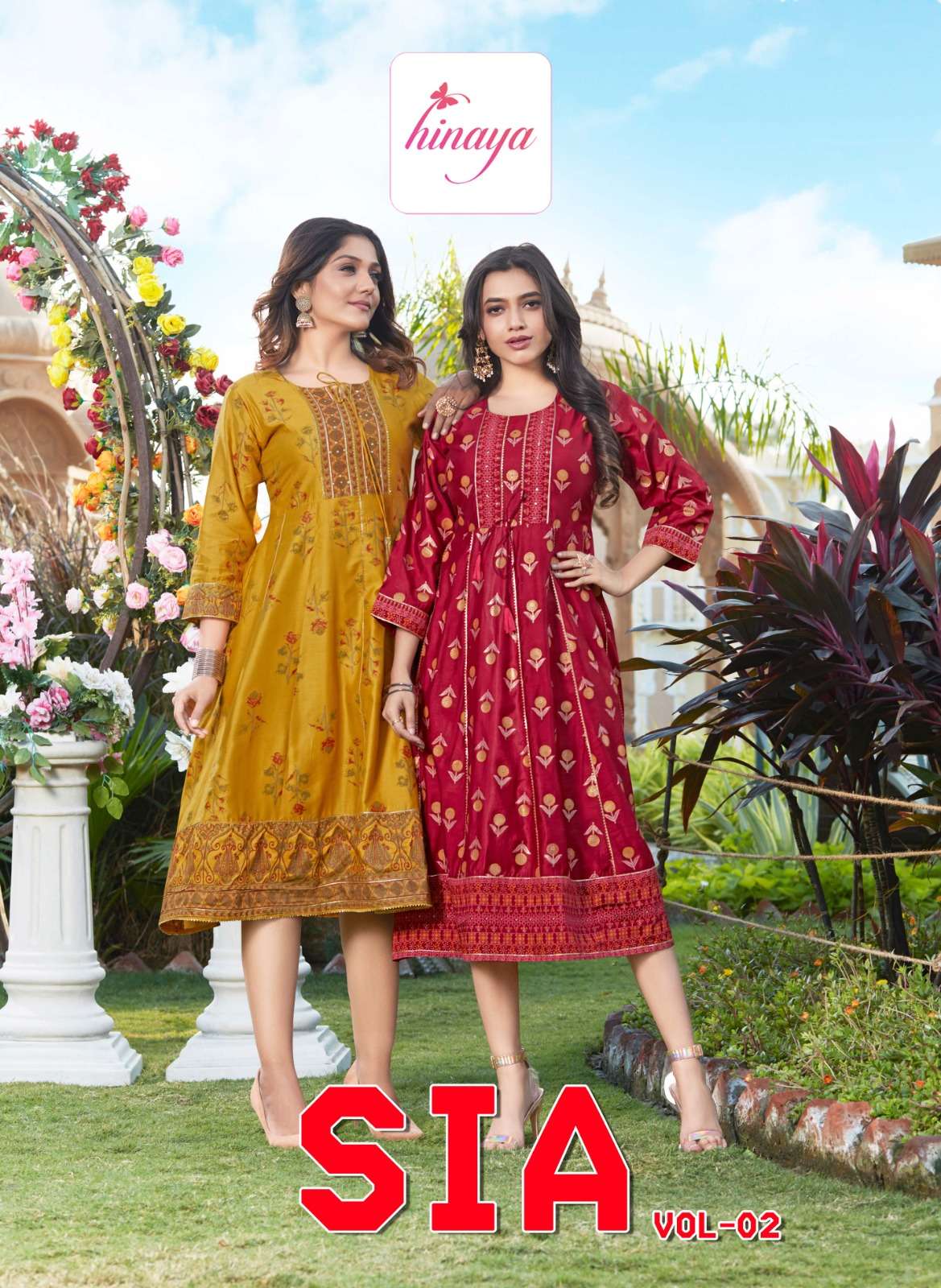 SIA VOL 2 HEAVY CHANDERI SILK FLAIRED KALLI PATTERN KURTI BY HINAYA BRAND WHOLESALER AND DEALER