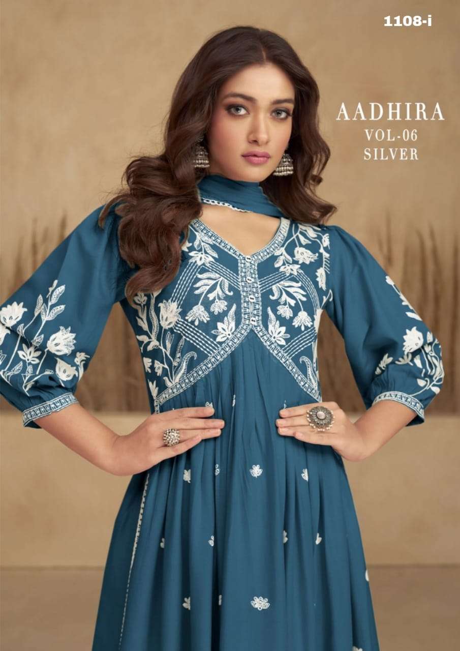 AADHRA VOL 5 SILVER COLOR PURE RAYON LAKHNAWI WORK NAYRA CUT KURTI WITH PLAZZO AND DUPATTA BY S3FORE...