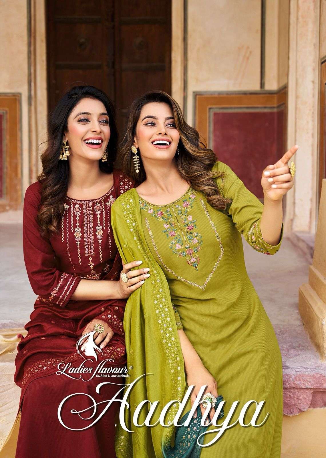 AADHYA HEAVY CHINON KURTI WITH BOTTOM AND DUPATTA BY LADIS FLAVOR BRAND WHOLESALR AND DELER
