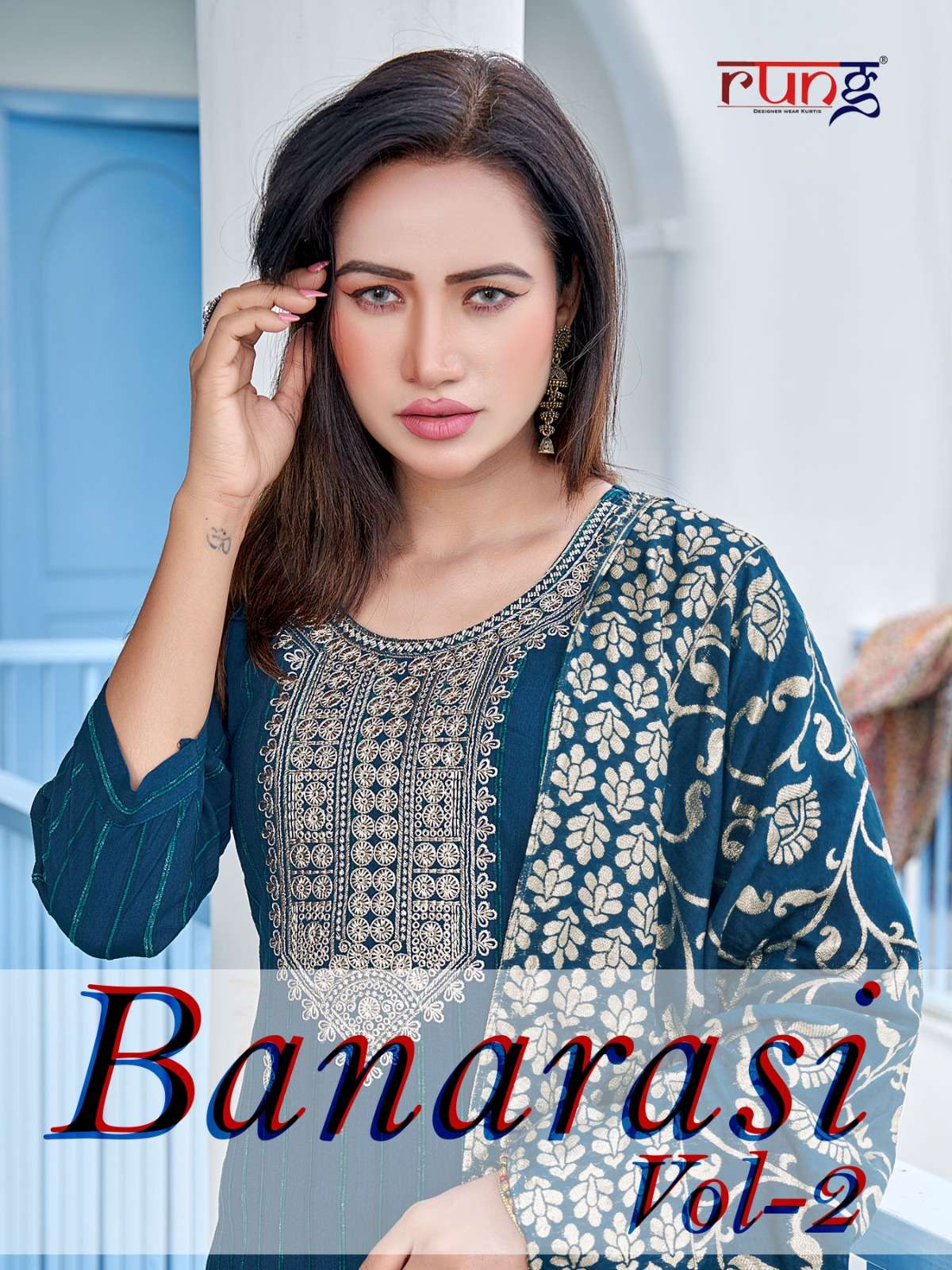 BANARASI VOL 2 HEAVY RAYON EMBROIDERY WORK KURTI WITH PANT AND SILK BANARASI DUPATTA BY RUNG BRAND W...