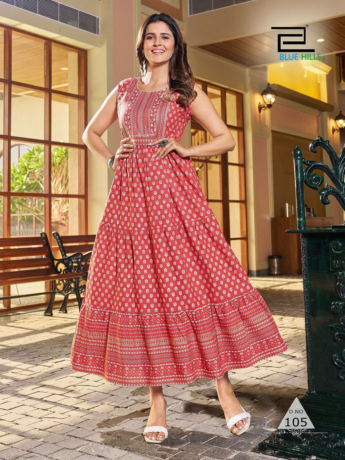 BISLERI RAYON 14KG  PRINT LONG FRILL GOWN WITH BELT BY BLUE HILLS BRAND WHOLESALER AND DEALER