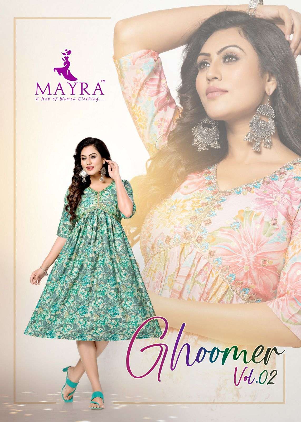 GHOOMER VOL 2 HEAVY CHANDERI ALIYA CUT GOWN PETTERN KURTI BY MAYRA BRAND WHOLESALR AND DELER