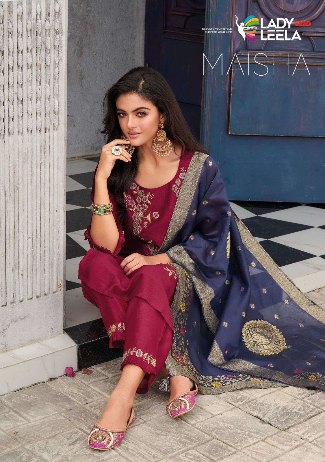 MAISHA VICHITRA SILK FABRIC EMBRIODARY AND HANDWORK KURTI WITH PANT AND DESIGNER JACQUARD DUPATTA WI...