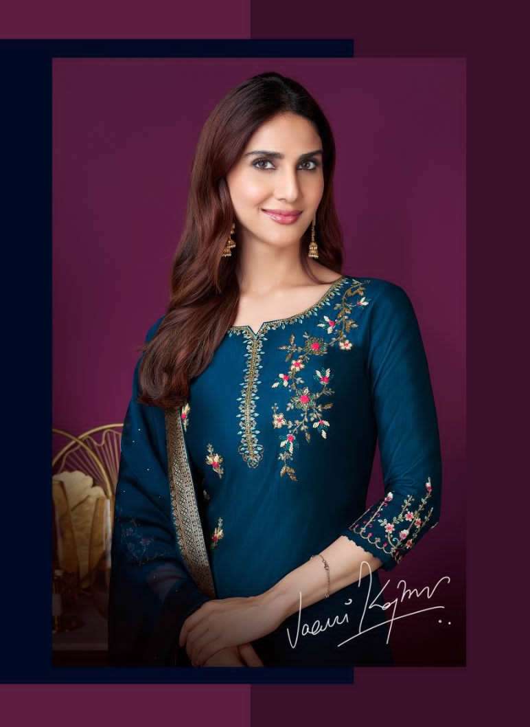 MODERN EASE VISCOSE EMBROIDERY AND HANDWORK KURTI WITH PANT AND ORGANZA DUPATTA WITH SWAROVSKI DIAMO...