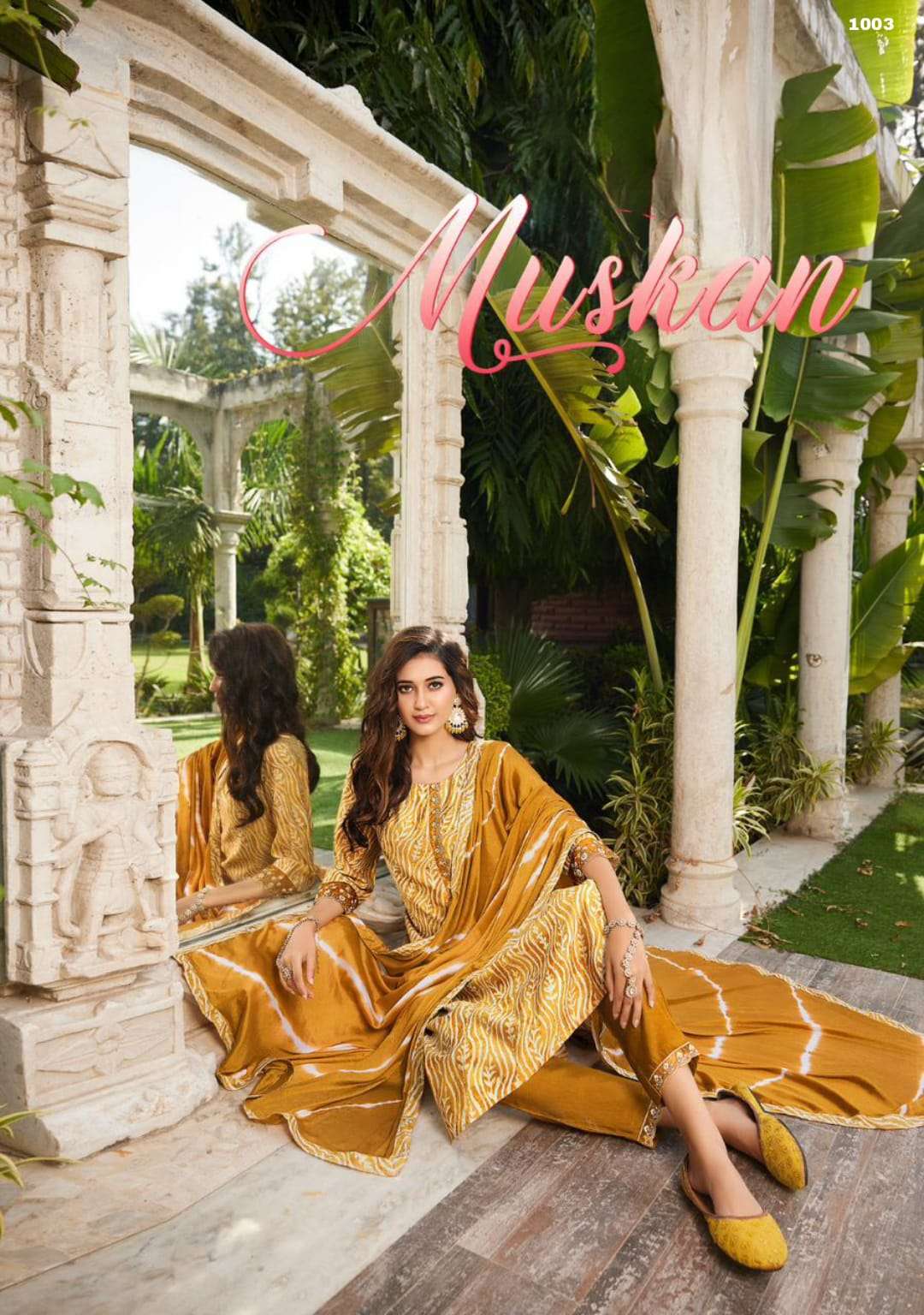 MUSKAN MODAL CHANDERI EMBROIDERY ORGANZA KHATLI WORK KURTI WITH SATIN PANT AND CHINON CHIFFON LAHERI...