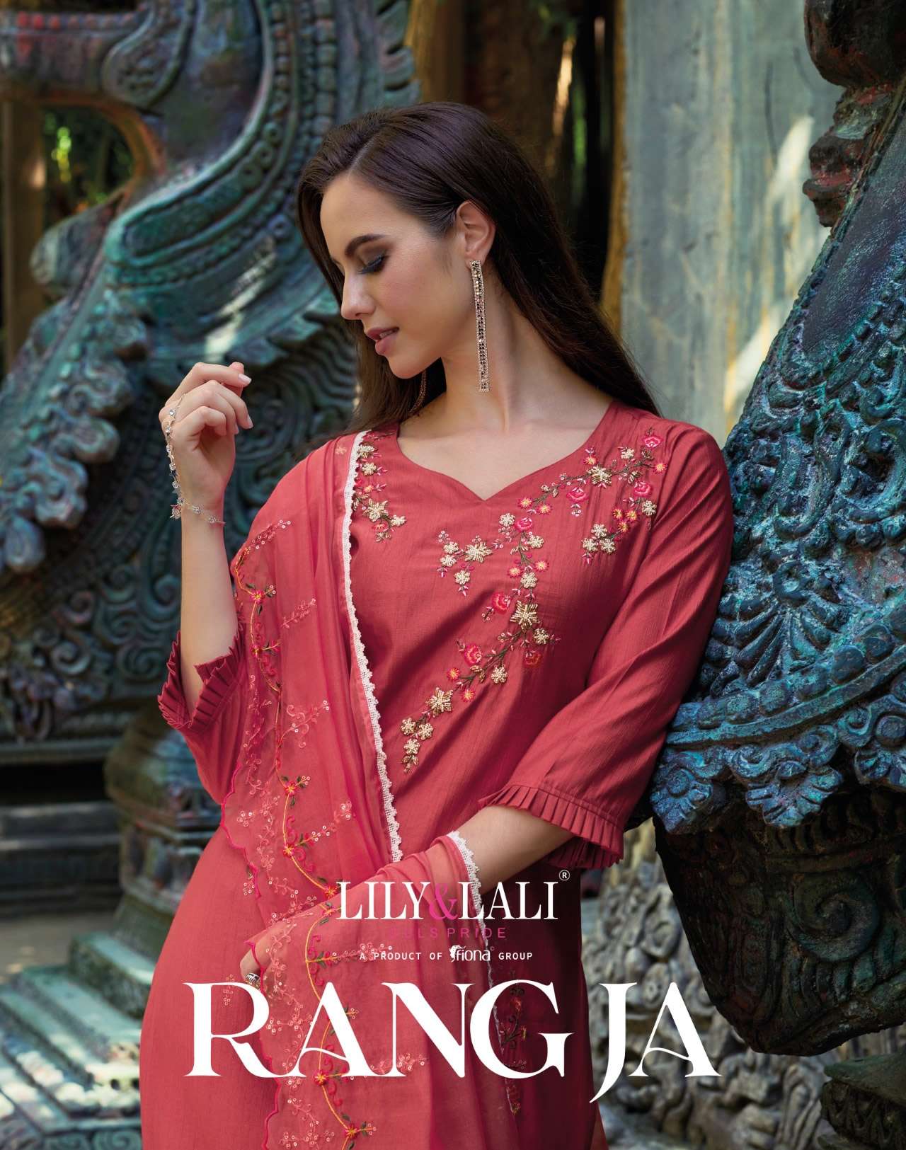 RANG JA VISCOSE EMBROIDERY HANDWORK KURTI WITH PANT AND CUT WORK ORGANZA DUPATTA BY LILY LALI BRAND ...