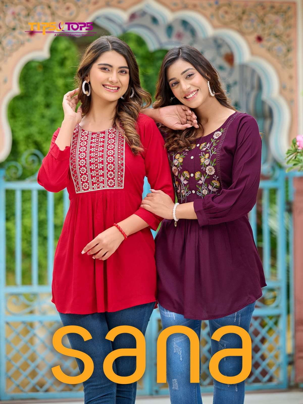 SANA REYON WRINKLE HEAVY EMBROIDERY WITH LACE WORK FANCY TOP BY TIPS AND TOPS BRAND WHOLESALER AND D...