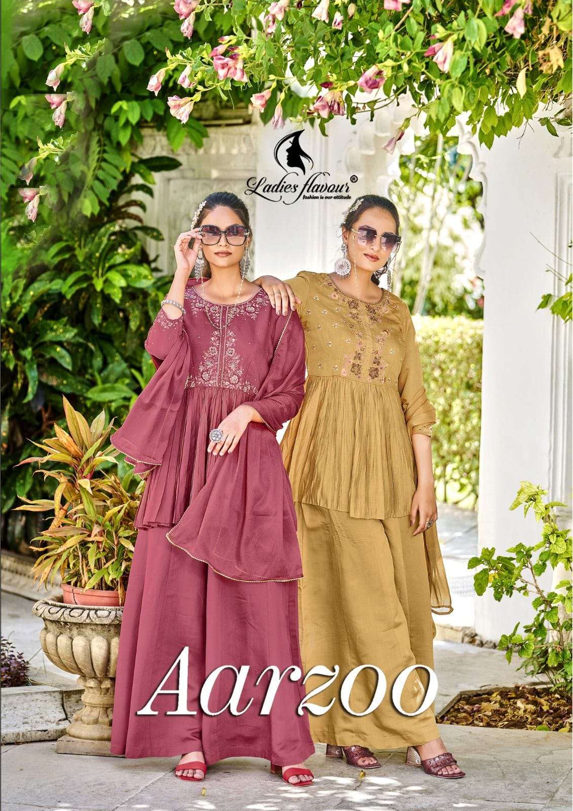 AARZOO CHANDERI SILK EMBROIDERY HAND WORK KURTI WITH PANT AND CHINON CHIFFON DUPATTA BY LADIES FLAVO...