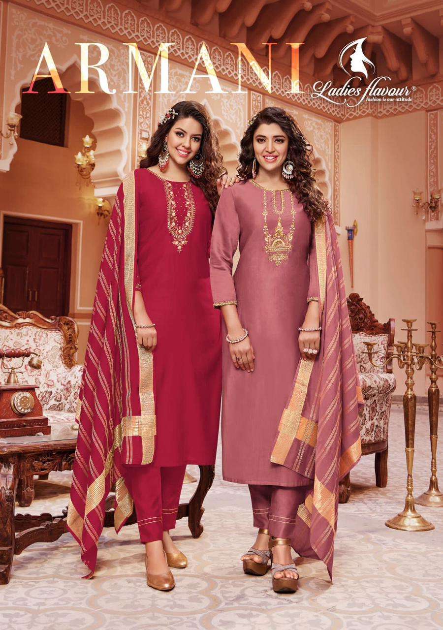 ARMANI VISCOSE KHATLI WORK KURTI WITH PANT AND CHANDERI VISCOSE WITH FANCY WEAVING ZARI DUPATTA BY L...