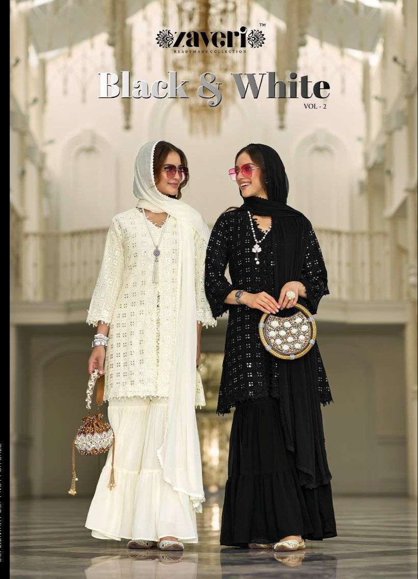 BLACK WHITE VOL 2 GEORGETTE KURTI WITH BOTTOM AND DUPATTA BY ZAVERI BRAND WHOLESALR AND DELER