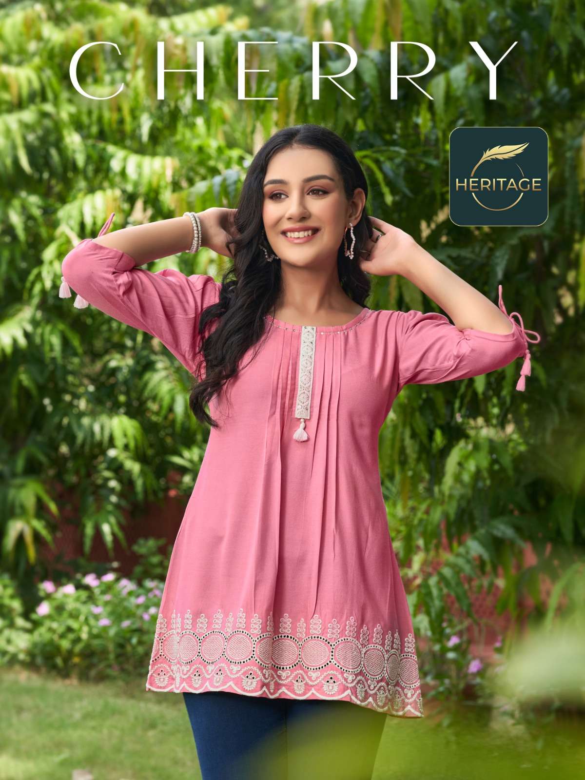 CHERRY HIGH QUALITY RAYON DESIGNER SHORT KURTI WITH HEAVY SCHIFLI EMBROIDERY AND HANDWORK BY HARITAG...