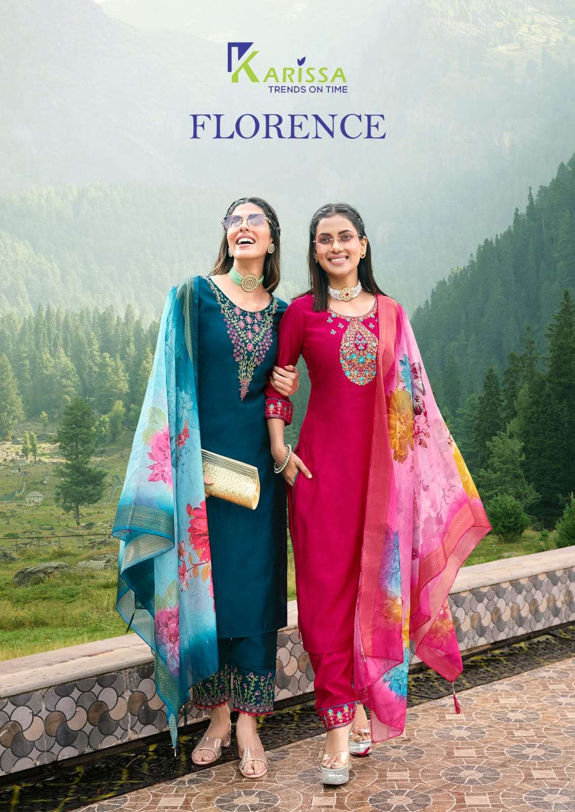 FLORANCE VISCOSE ROMAN SILK THREAD AND HANDWORK KURTI WITH PANT AND TABY SILK DIGITAL PRINT JECARD B...