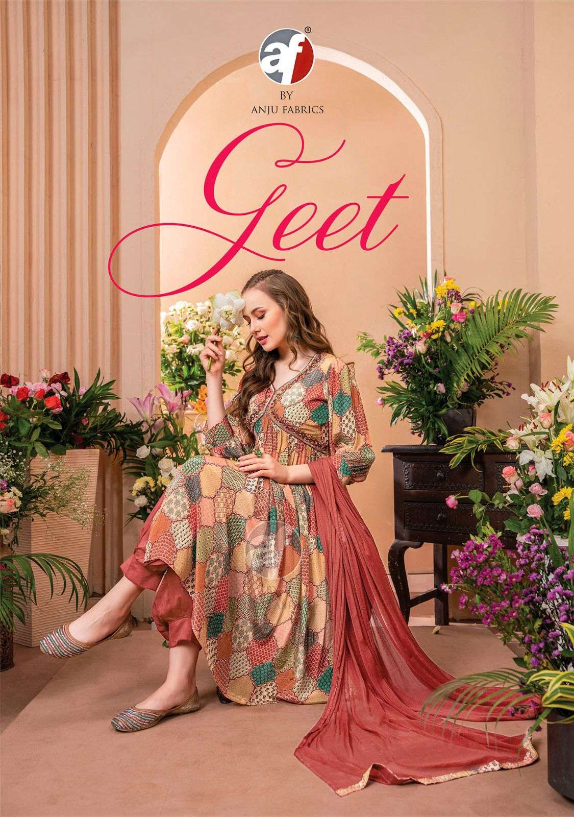 GEET PURE NATURAL CRAPE DIGITAL PRINT HANDWORK ALIA CUT KURTI WITH MASLIN SILK PANTNAND VISCOSE DUPA...