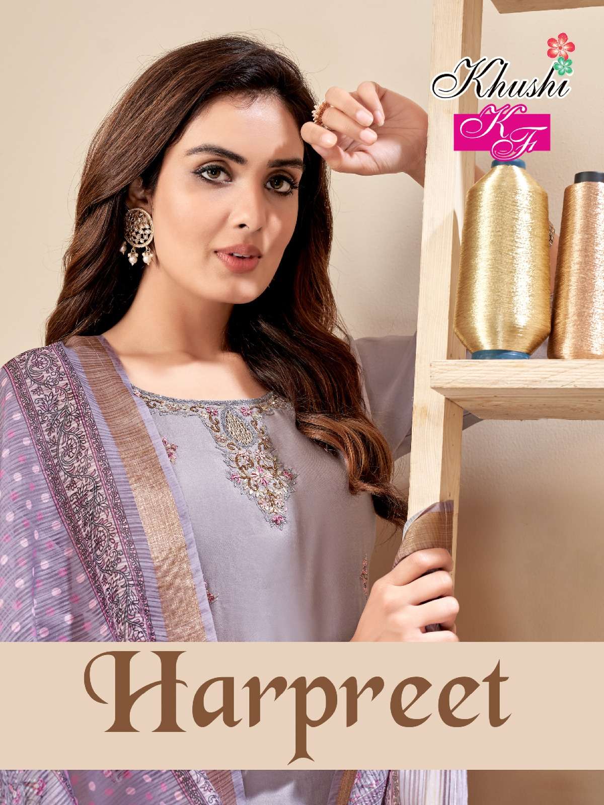 HARPREET ROMEN SILK EMBROIDERY AND HANDWORK KURTI WITH PANT AND DIGITAL PRINT DUPATTA BY KF BRAND WH...