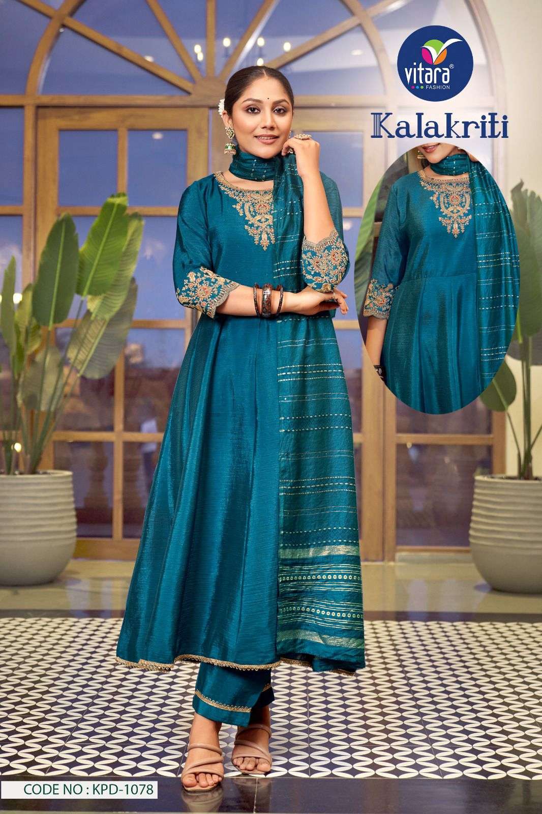 KALAKRITI CHINON KURTI WITH BOTTOM AND VISCOSE DUPATTA BY VITRA BRAND WHOLESALR AND DELER