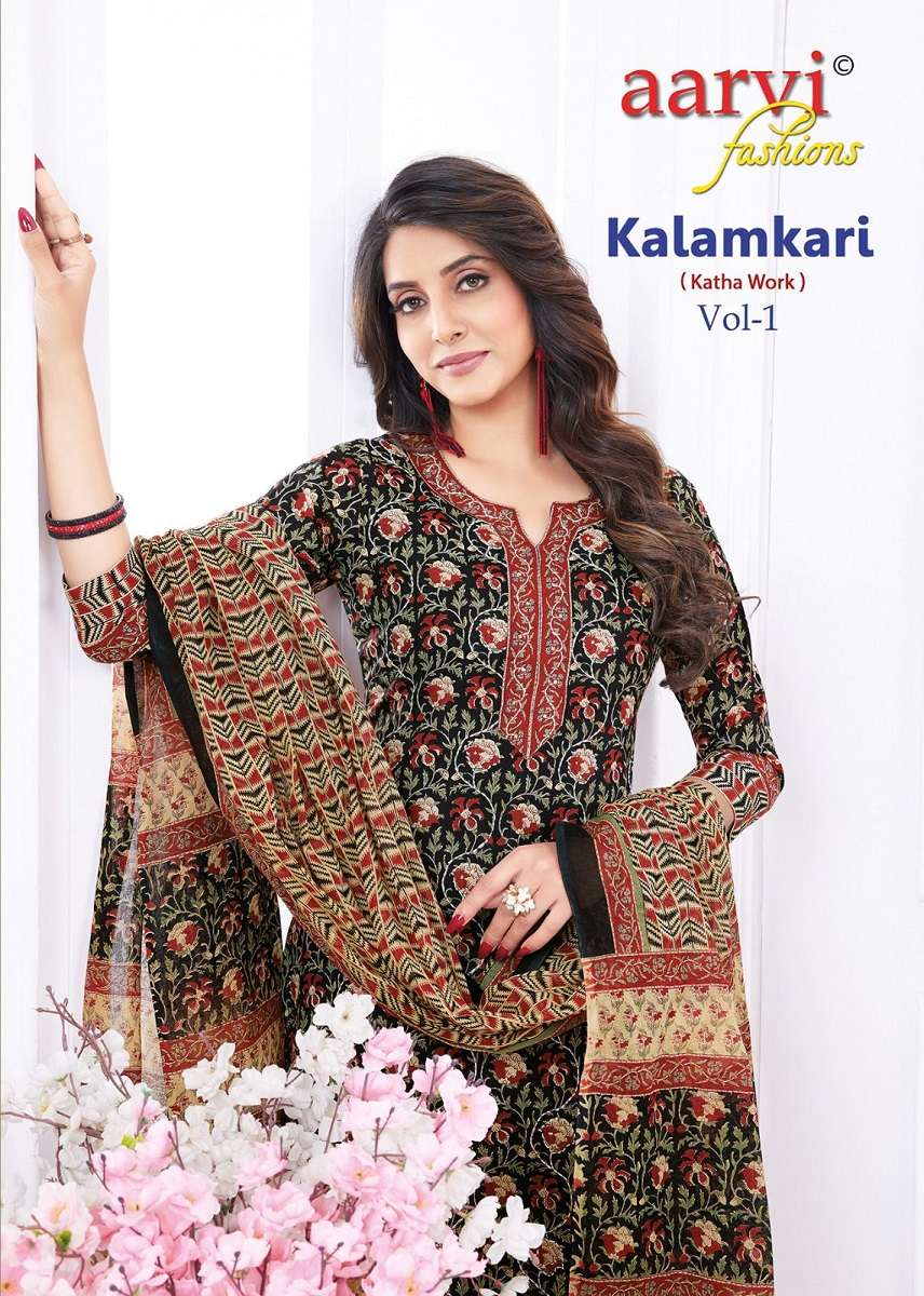 KALAMKARI VOL 1 COTTON KURTI WITH BOTTOM AND DUPATTA BY AARVI BRAND WHOLESALR AND DELER