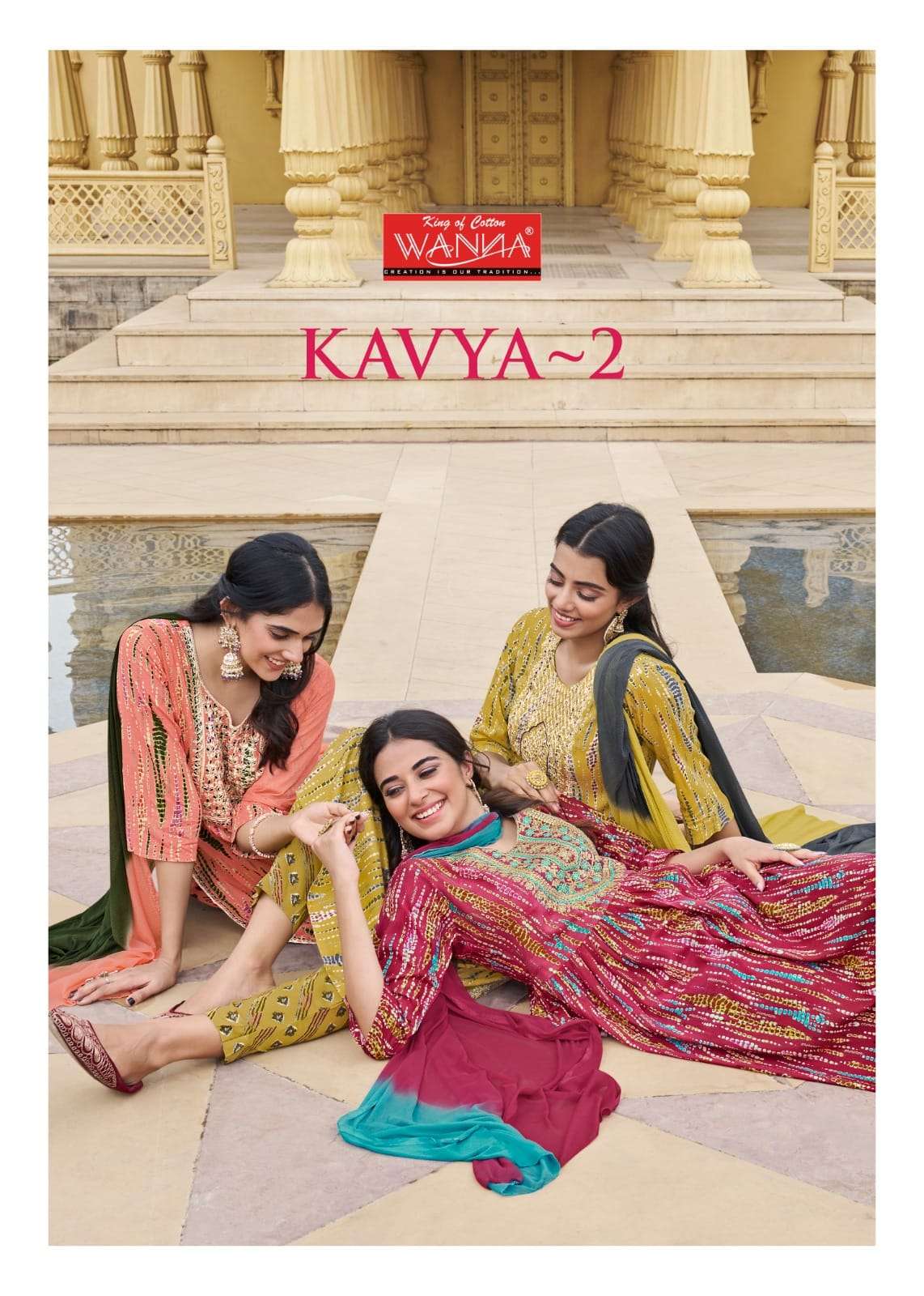 KAVYA VOL 2 RAYON FOIL PRINTED FANCY EMBROIDERY WORK KURTI WITH PANT AND DUPATTA BY WANNA BRAND WHOL...