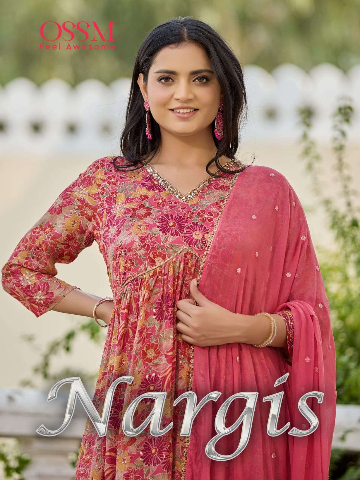 NARGIS PREMIUM CHINON FOIL PRINT HANDWORK AND MIRROR WORK ALIYA CUT KURTI WITH SANTOON PANT AND NAMI...