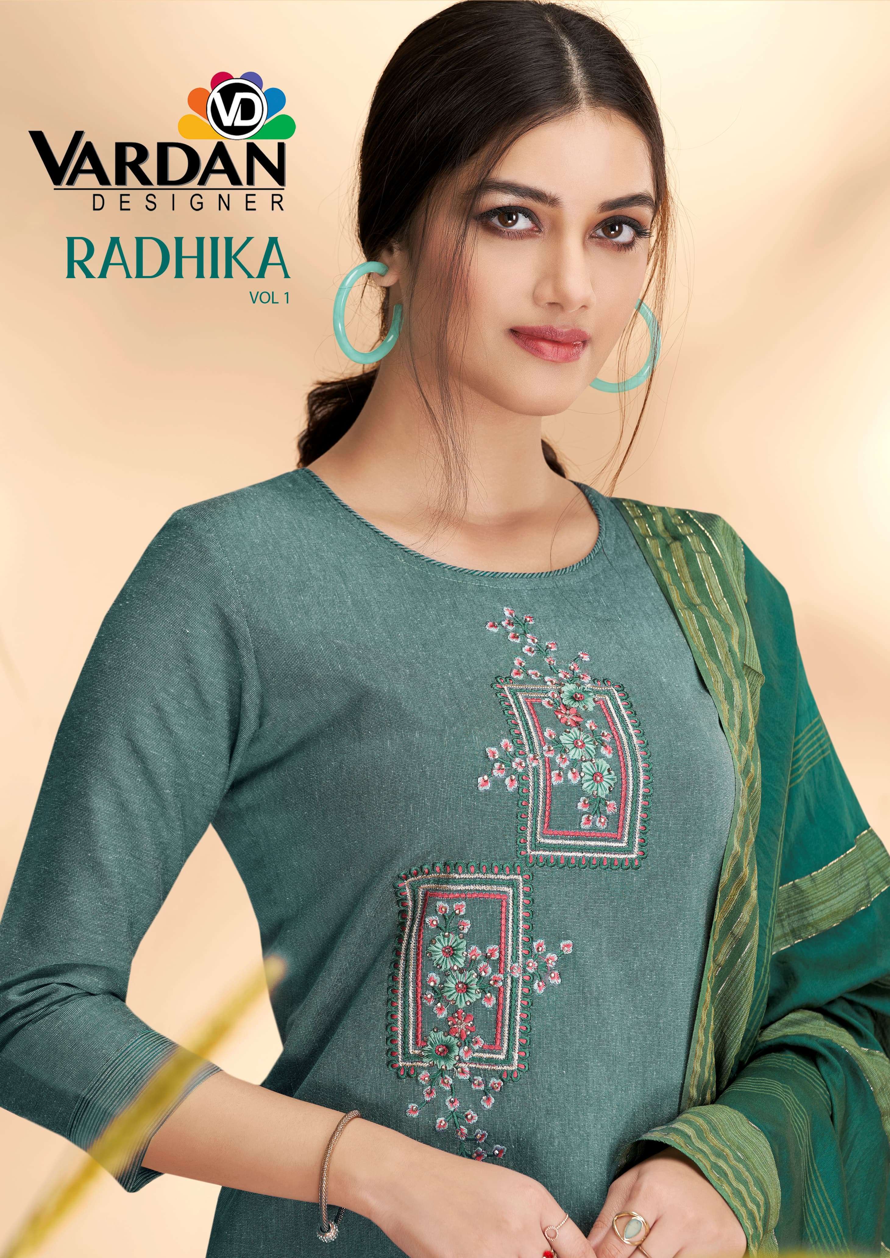 RADHIKA VOL 1 COTTON KURTI WITH BOTTOM AND DUPATTA BY VARDAN DESIGNER BRAND WHOLESALER AND DEALER