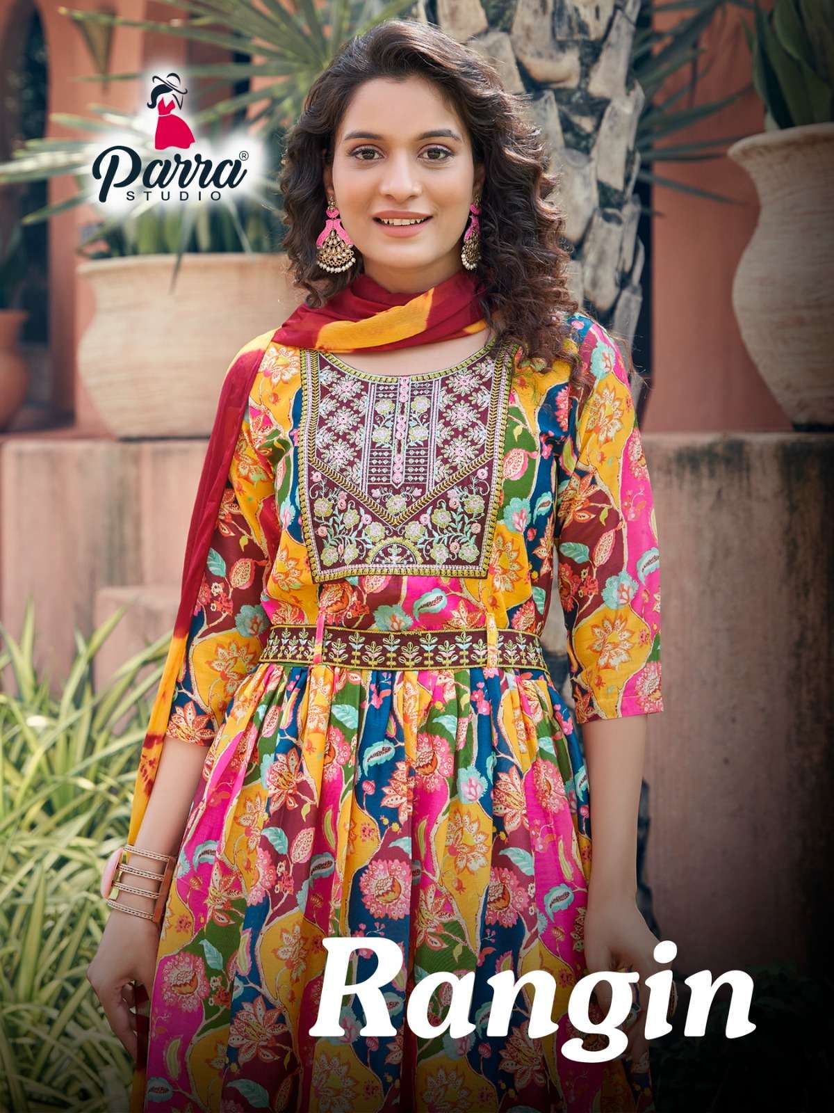 RANGIN MASLIN SILK EMBROIDERY KURTI WITH BOTTOM AND DUPATTA BY PARRA BRAND WHOLESALR AND DELER