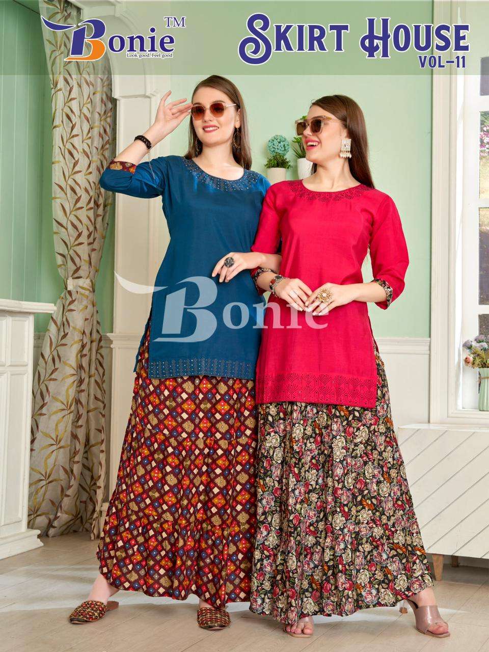 SKIRT HOUSE 11 HEAVY RAYON KURTI WITH BOTTOM BY BONIE BRAND WHOLESALR AND DELER