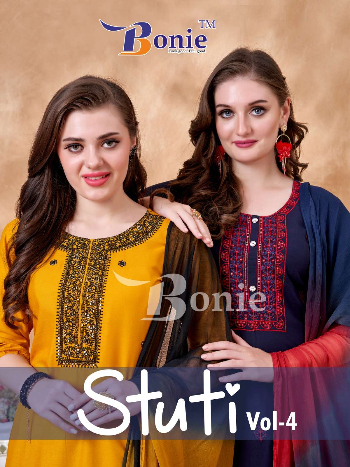 STUTI VOL 4 RAYON 14 KG SEQUENCE WORK KURTI WITH PLAZO AND NAZMEEN DUPATTA BY BONIE BRAND WHOLESALER...