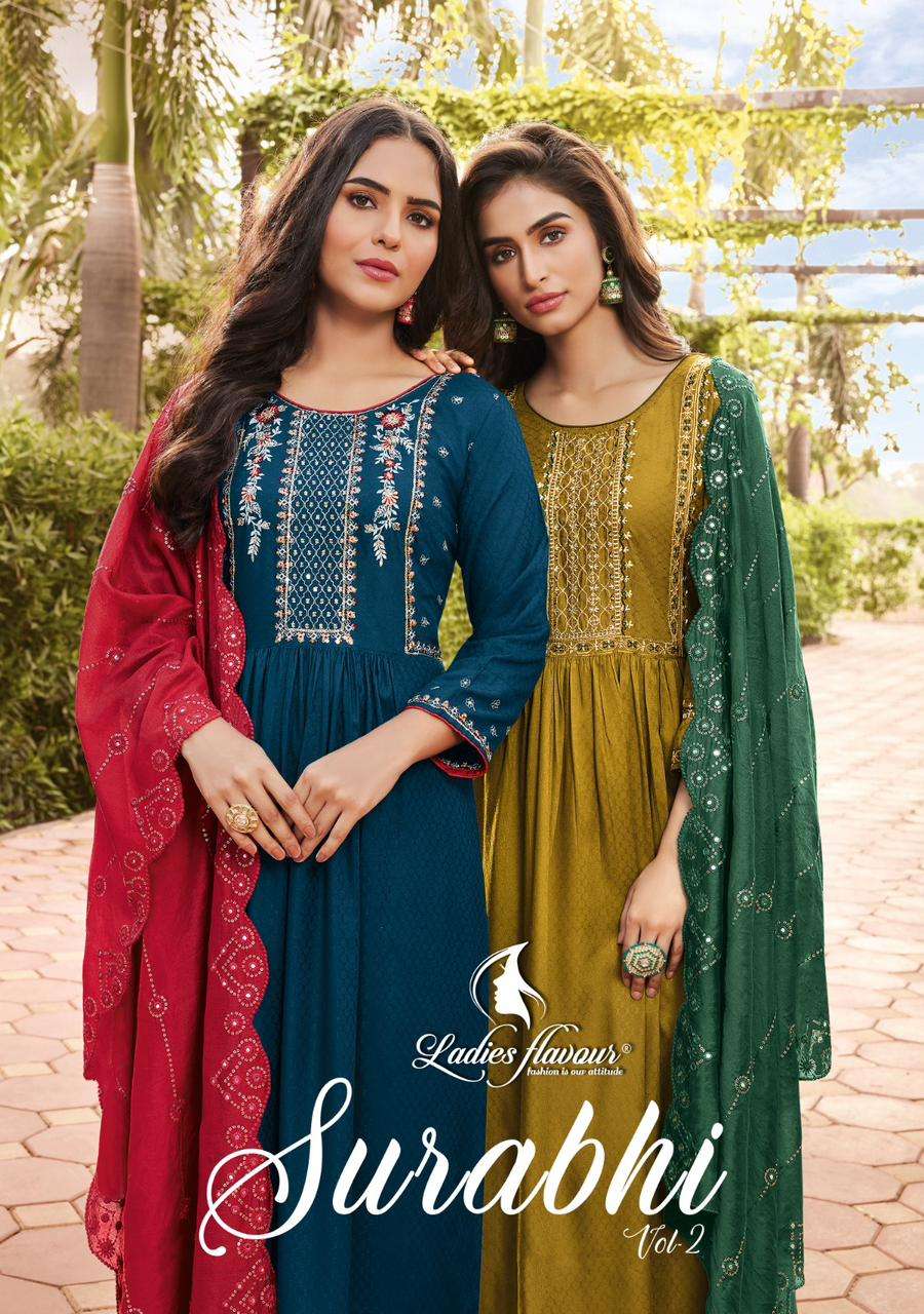 SURABHI VOL 2 HEAVY RAYON KURTI WITH BOTTOM AND DUPATTA BY LADIES FLAVOUR BRAND WHOLESALR AND DELER