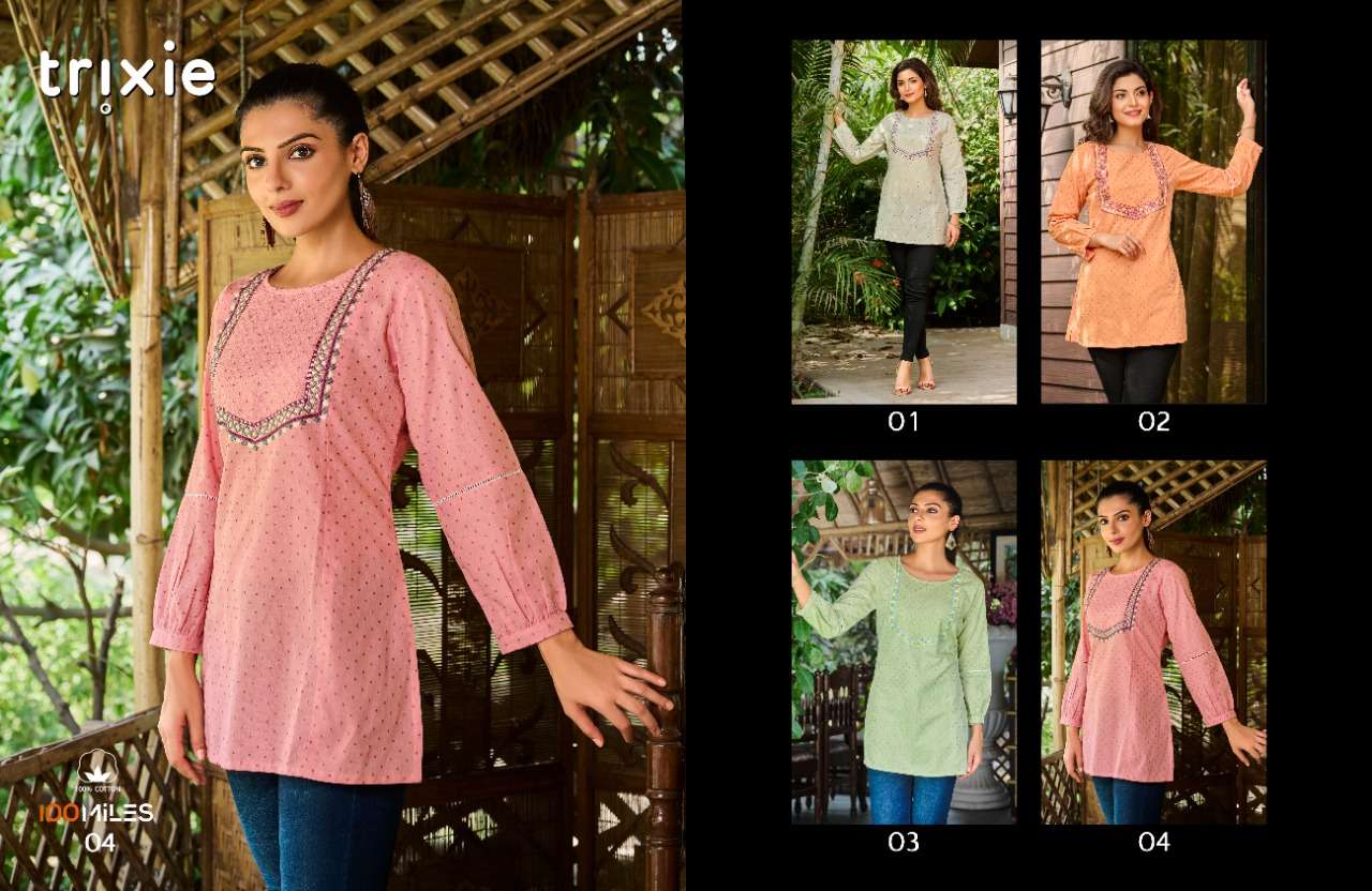  TRIXIE STYLE PURE COTTON SELF JAQUARD TOPS WITH FANCY KURTI BY 100 MILES BRAND WHOLESALR AND DELER