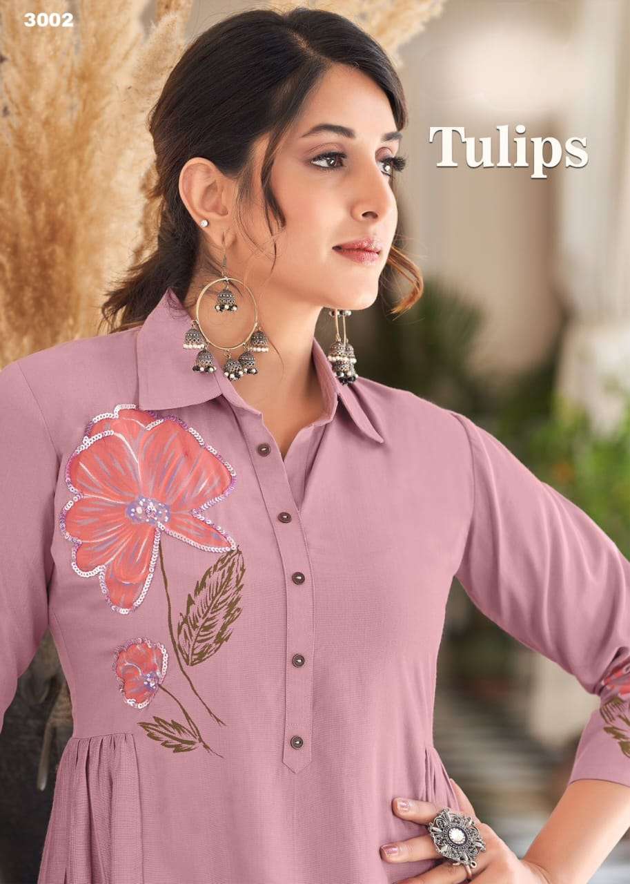 TULIPS HEAVY RAYON PRINTED HANDWORK DESIGNER CO ORD SET BY SFOREVER BRAND WHOLESALER AND DEALER