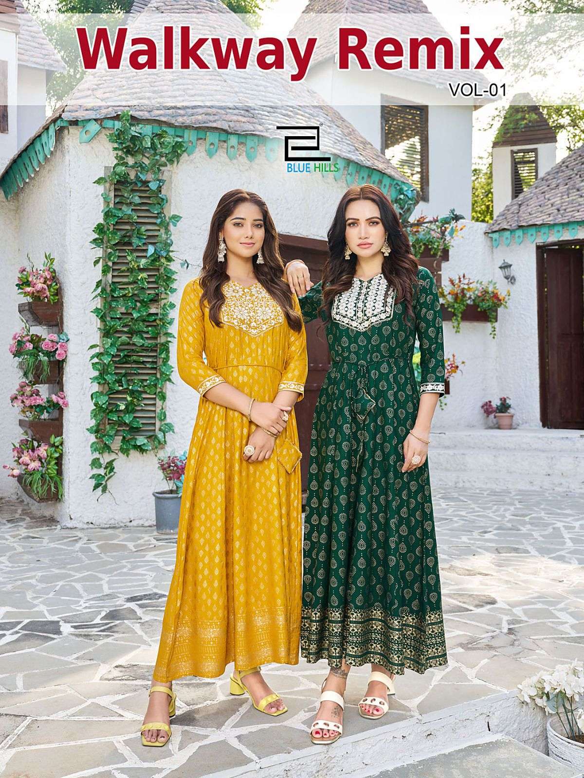 WALKWAY REMIX VOL 1 14KG RAYON GOWN PATTERN KURTI BY BLUE HILLS BRAND WHOLESALR AND DELER