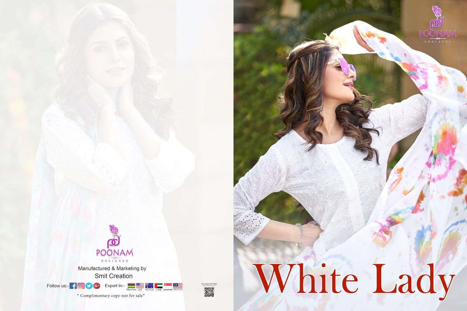 WHITE LADY COTTON PRINT KURTI WITH BOTTOM AND DUPATTA BY POONAM DESIGNER BRAND WHOLESALER AND DEALER