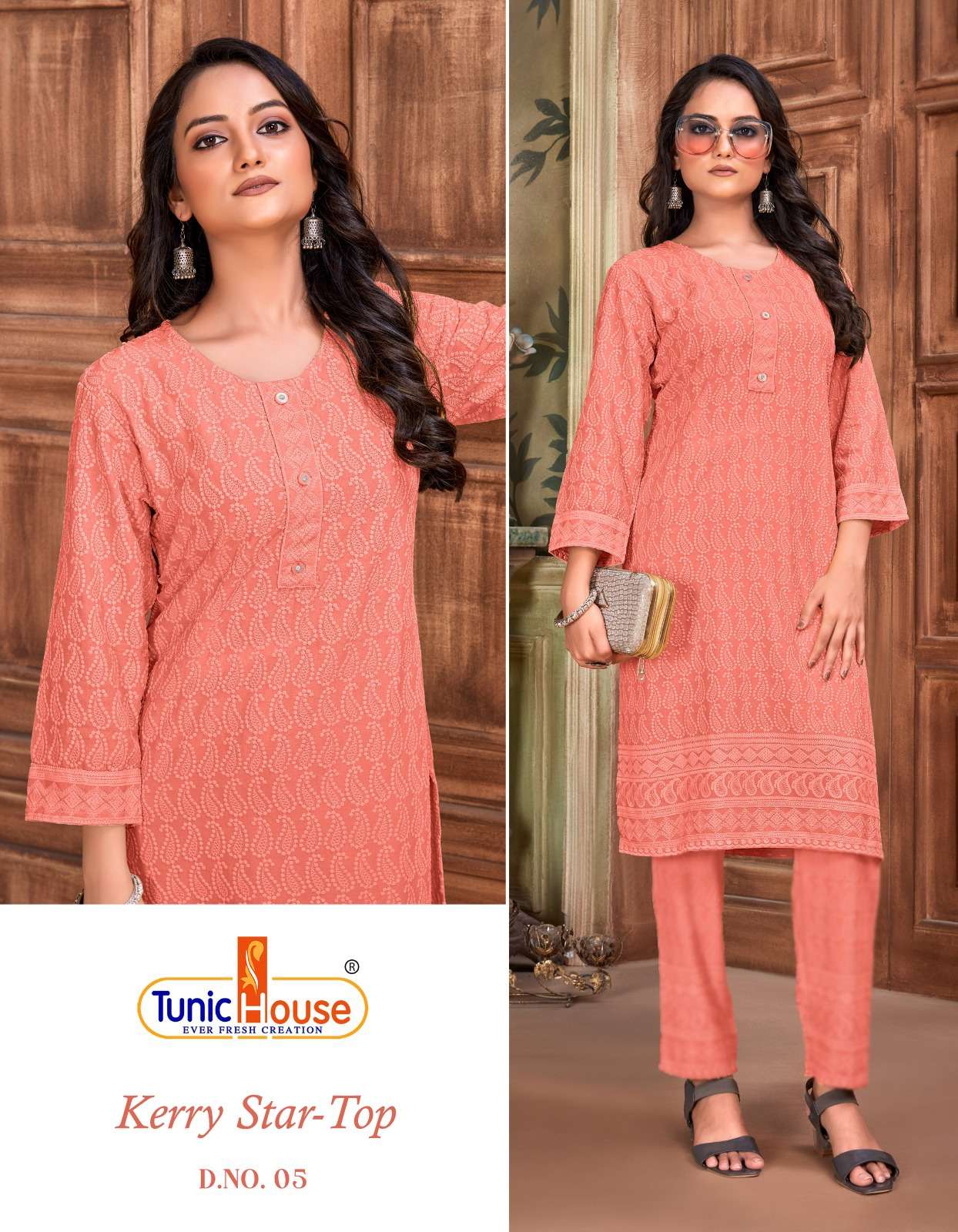 KERRY STAR VISCOUS RAYON LUCKNOWI CHIKANKARI ONE SIDE POCKET KURTI BY TUNIC HOUSE BRAND WHOLESALER A...