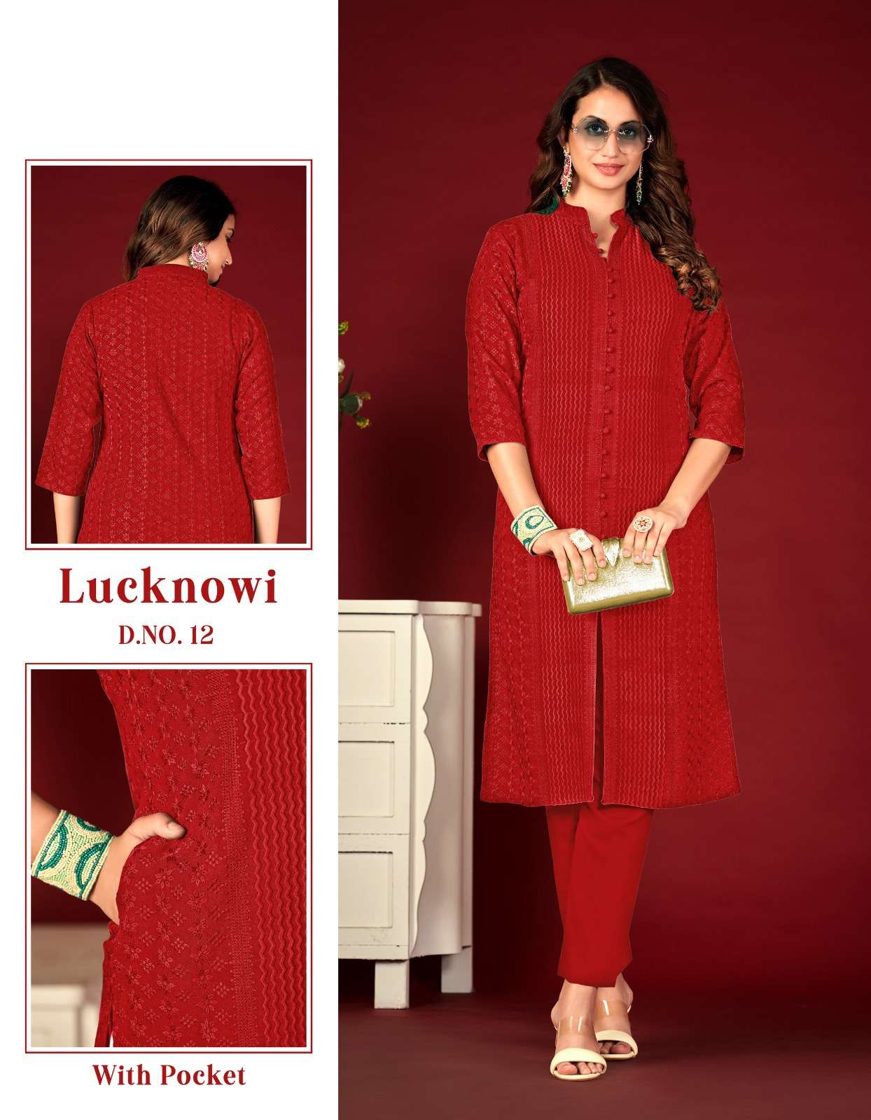 LUCKNOWI LINING VISCOUS RAYON LUCKNOWI CHIKANKARI ONE SIDE POCKET KURTI BY TUNIC HOUSE BRAND WHOLESA...