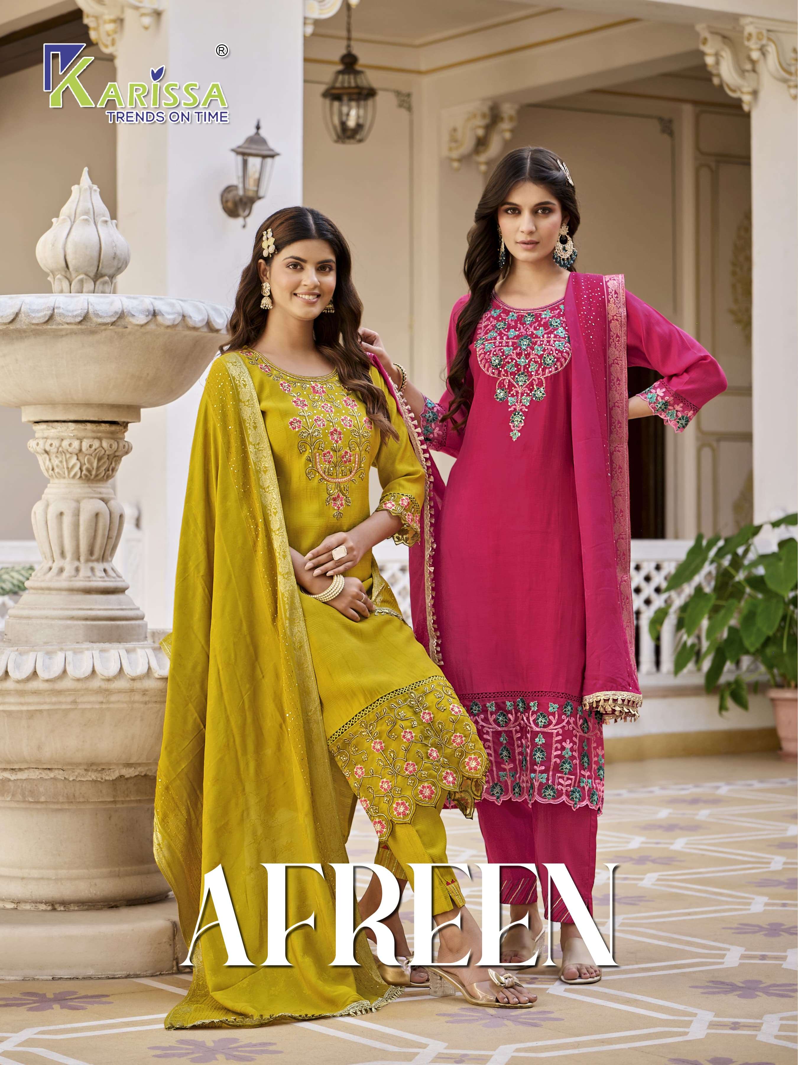 AFREEN DIVA VISCOSE SILK THREAD AND HANDWORK KURTI WITH PANT AND MUSLIN  JACQUARD BORDER DUPATTA BY ...