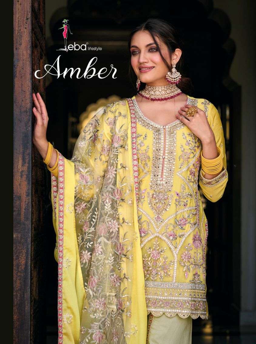 AMBER HEAVY CHINON EMBROIDERY WORK SHORT KURTI WITH DHOTI AND FANCY DUPATTA BY ZAVERI BRAND WHOLESAL...